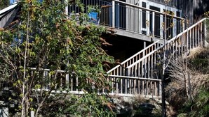 A wooden staircase leading to a balcony with a railing, surrounded by trees and shrubs. - Spectacular Views , Large & Modern , Perfect For Families & Large Groups (Queenstown)
