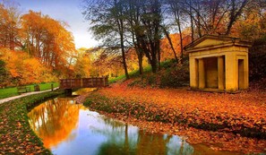 A tranquil park with a pond, a wooden bridge, and a classical building.