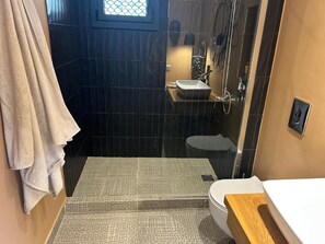 Hair dryer, towels, soap, toilet paper