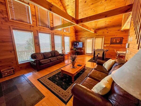 Smart TV, fireplace, DVD player, foosball