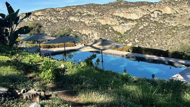 Une piscine dotée de parasols, entourée de verdure et avec une chaîne de montagnes en toile de fond.