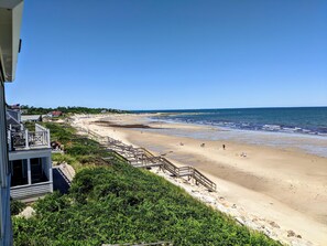 On the beach, sun-loungers, beach towels