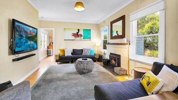 TV, fireplace, books, video library