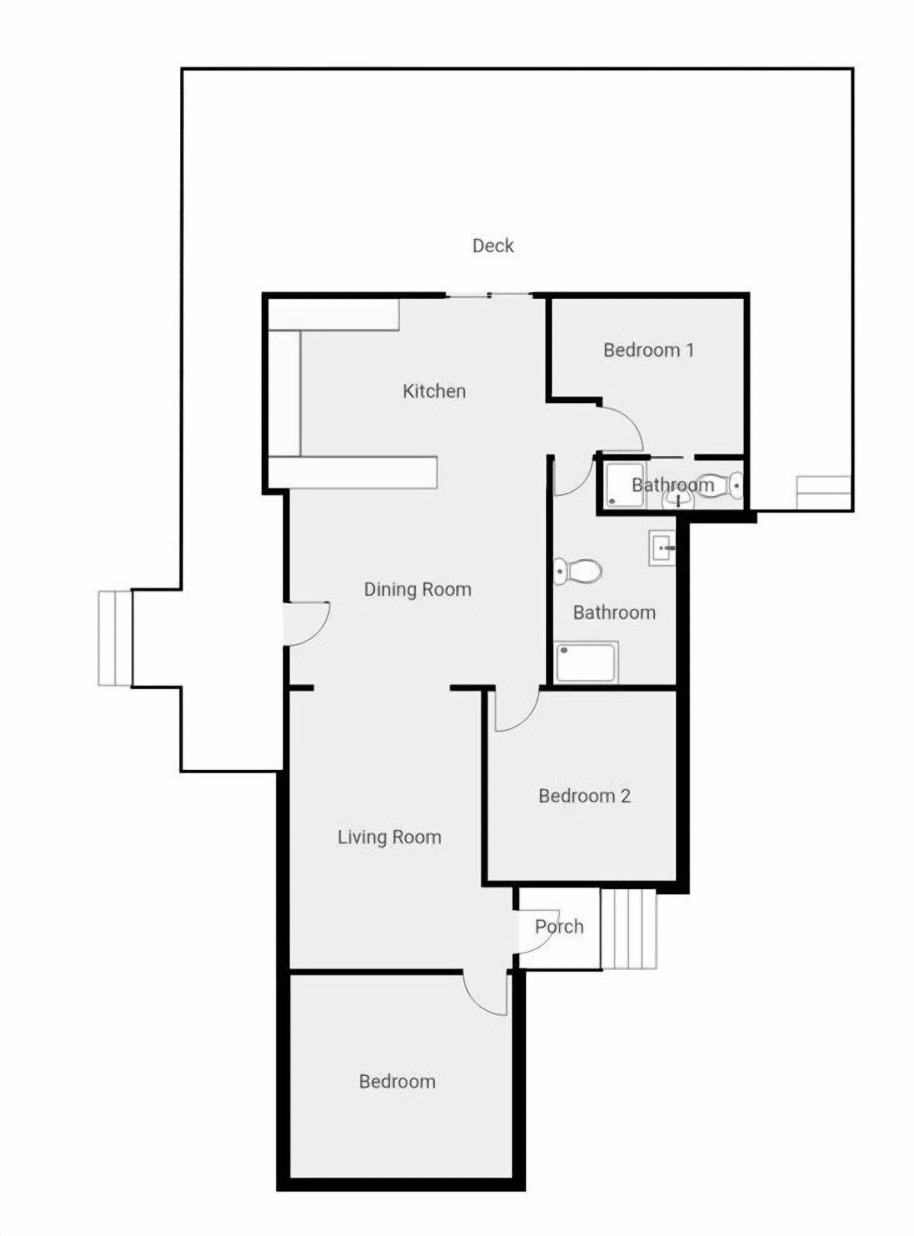 A floor plan of a house with a deck, kitchen, dining room, living room, two bedrooms, and a porch.