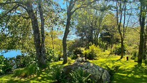 A serene outdoor area with a large rock, lush greenery, and a clear blue sky. - Cosy  barn close to Praa Sands (Helston)
