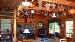 Un intérieur de chalet chaleureux avec une cheminée, des étagères à livres, un téléviseur et un coin repas.