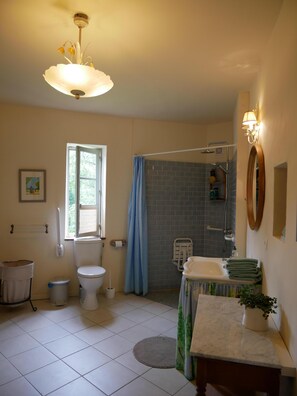 Bathtub, hair dryer, towels