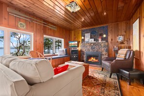 TV, fireplace, DVD player, books