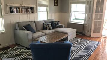 Smart TV, fireplace, DVD player, books