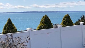 Vista sul litorale con una recinzione bianca, tre cipressi e un cielo azzurro limpido.