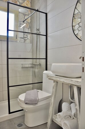Combined shower/tub, hair dryer, towels, soap