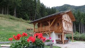 A wooden chalet with a balcony, surrounded by a garden with red flowers, set against a mountainous backdrop. - MASET POZZATTI MOUNTAIN CHALET (Baselga)