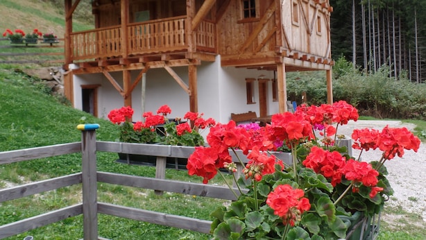 A wooden chalet with a balcony, surrounded by a wooden fence and red flowers. - MASET POZZATTI MOUNTAIN CHALET (Baselga)
