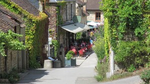 Una calle estrecha flanqueada por edificios, algunos cubiertos de hiedra. Hay mesas y sillas en la calle, lo que sugiere un café o restaurante.