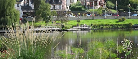 Une vue sur la rivière, avec des bâtiments traditionnels, un pont et une zone herbeuse parsemée de fleurs.