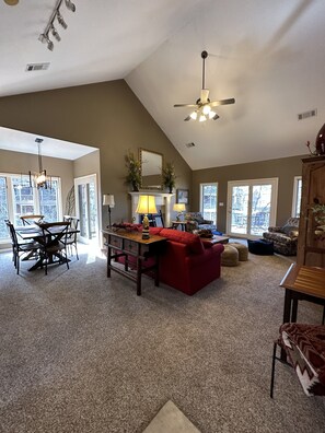 Smart-tv, eldstad, dvd-spelare och ett filmbibliotek