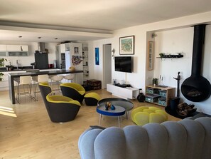 Smart TV, lareira, DVD player, livros