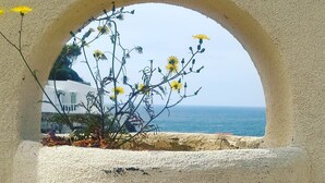 A view through an arched window with a plant and flowers, overlooking a body of water and a building. - Casa Llebeig - Apartament with panoramic Sea view of Cala en Porter - Menorca (Cala en Porter)