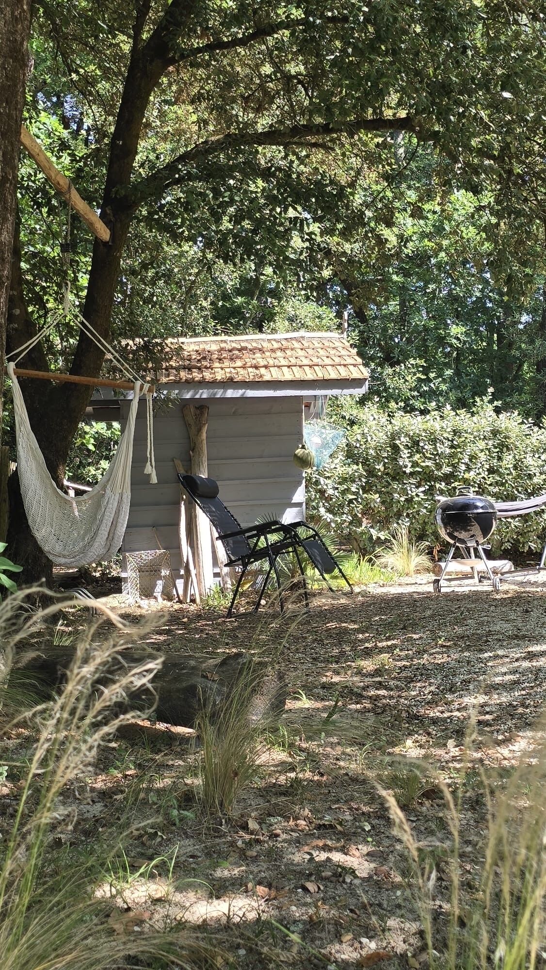 Un espacio al aire libre rústico con una hamaca, una pequeña construcción de madera y una parrilla.