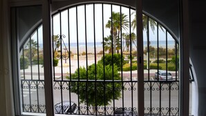 A view through a metal gate with palm trees and a beach in the background.