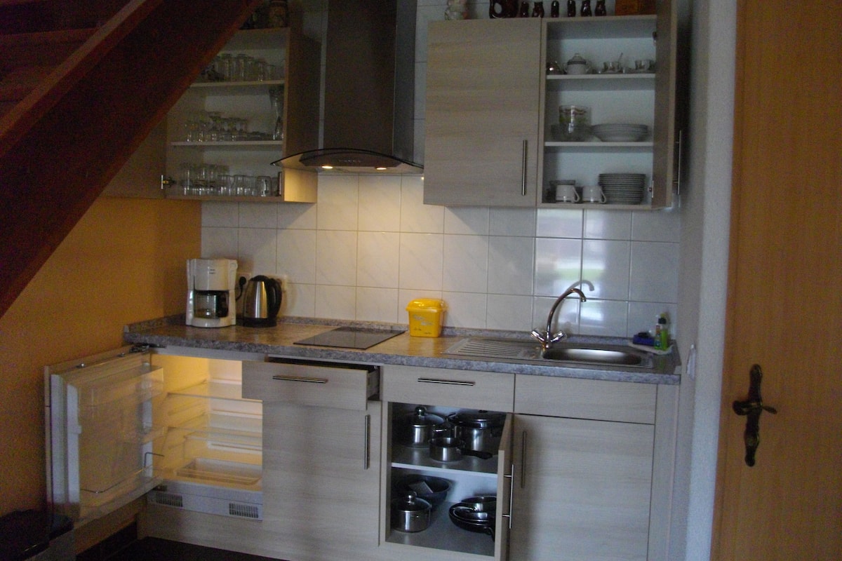 fridge, stovetop, coffee/tea maker, electric kettle