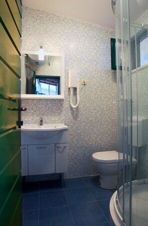 Combined shower/tub, free toiletries, hair dryer, towels