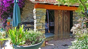 A stone structure with a wooden pergola, surrounded by various plants and a hanging water feature. - Apartment With Large Terrazzo And Garden In Tranquil Village internet wifi (Costa Carnara)