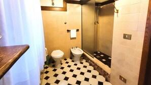 A bathroom with a toilet, bidet, and a shower stall. - 4 bedroom, 2 bathroom converted Mill house with private pool.  Outdoor kitchen! (Poggio Camporgiano)