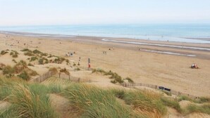 Une vaste plage de sable, avec des dunes et une clôture au premier plan.
