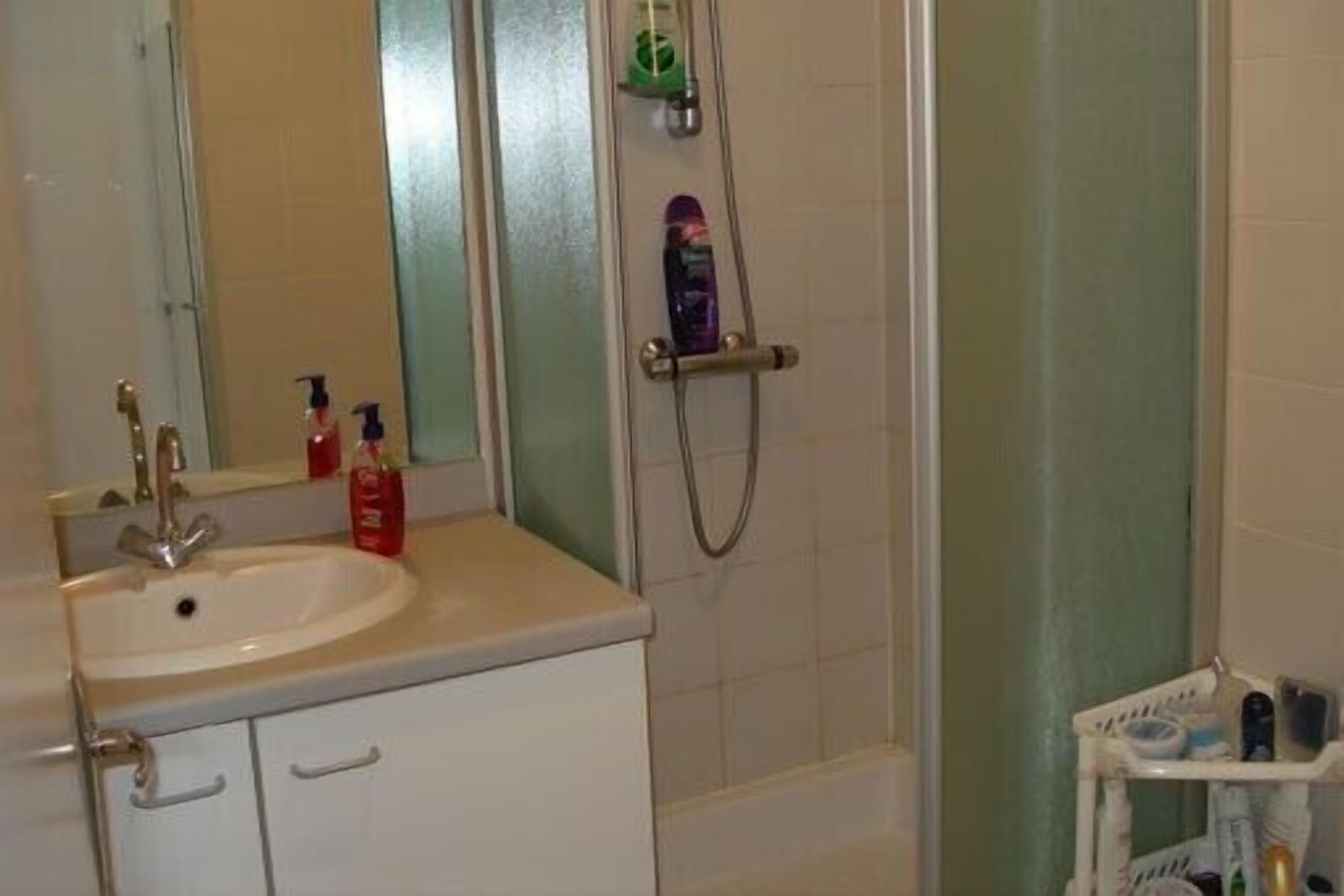 A bathroom with a sink, mirror, and shower.