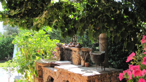 Une construction rustique en pierre, dotée d’une cheminée en pierre, d’un pot suspendu et d’un décor extérieur rustique agrémenté de verdure et de fleurs.
