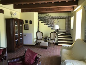 Télévision, cheminée, lecteur de DVD, livres