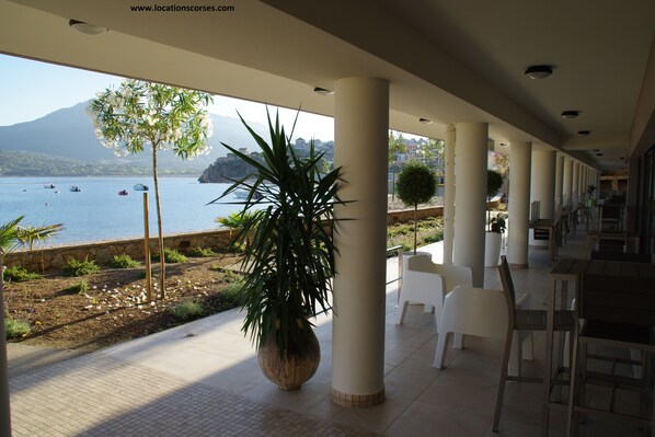 A covered outdoor area with a view of the sea, potted plants, and white chairs.