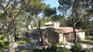 A stone house with a tiled roof surrounded by trees and shrubs. - Stone house in Luberon, heated infinity pool, patio, near Gordes (Murs)