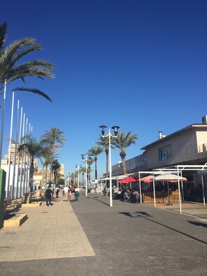 Calle soleada bordeada de palmeras y farolas, con terrazas al aire libre y un edificio con un letrero.