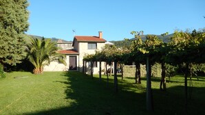 Une maison en pierre avec un toit recouvert de tuiles rouges, une pelouse bien entretenue et un vignoble en arrière-plan.