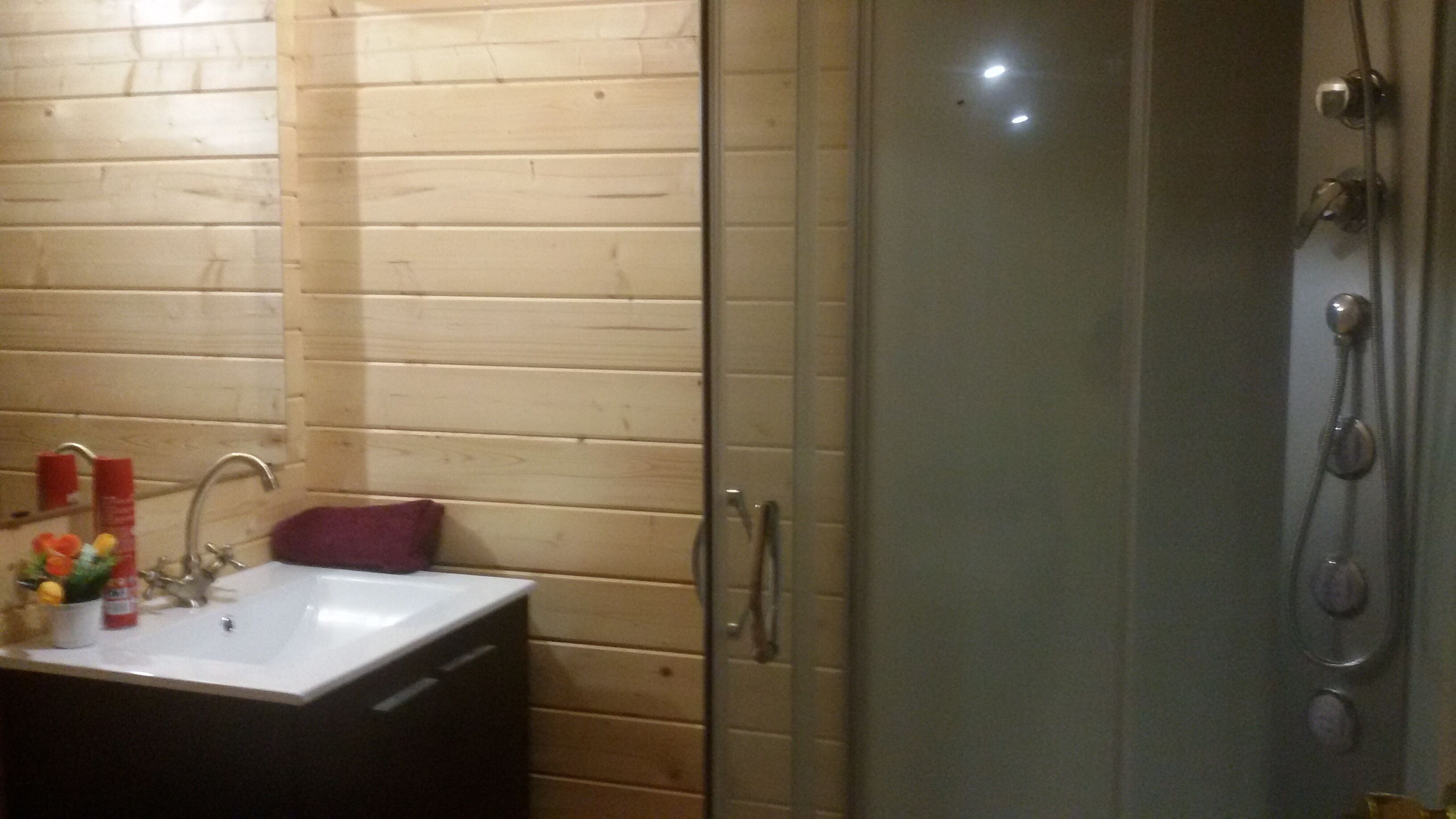 Combined shower/tub, hair dryer, towels, toilet paper