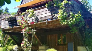 A wooden house with a sloped roof, a balcony with a pink umbrella, and potted plants. - Chiemgau, charming chalet with private garden , relax in nature (Siegsdorf)