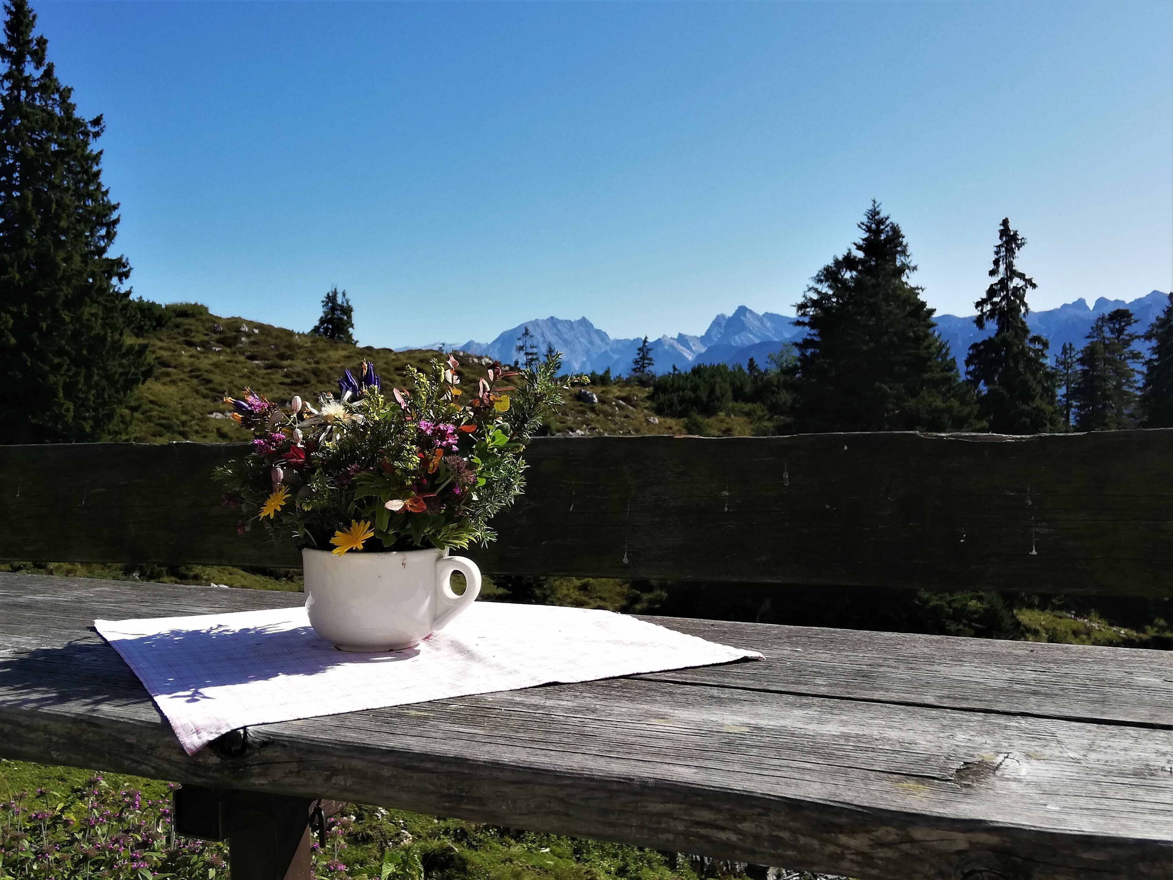A white ceramic mug with a floral arrangement on a wooden picnic table outdoors.
