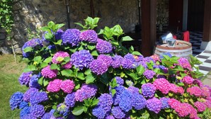 Un jardín con flores de hortensia en tonos azules y rosados, un muro de piedra y un suelo a cuadros.