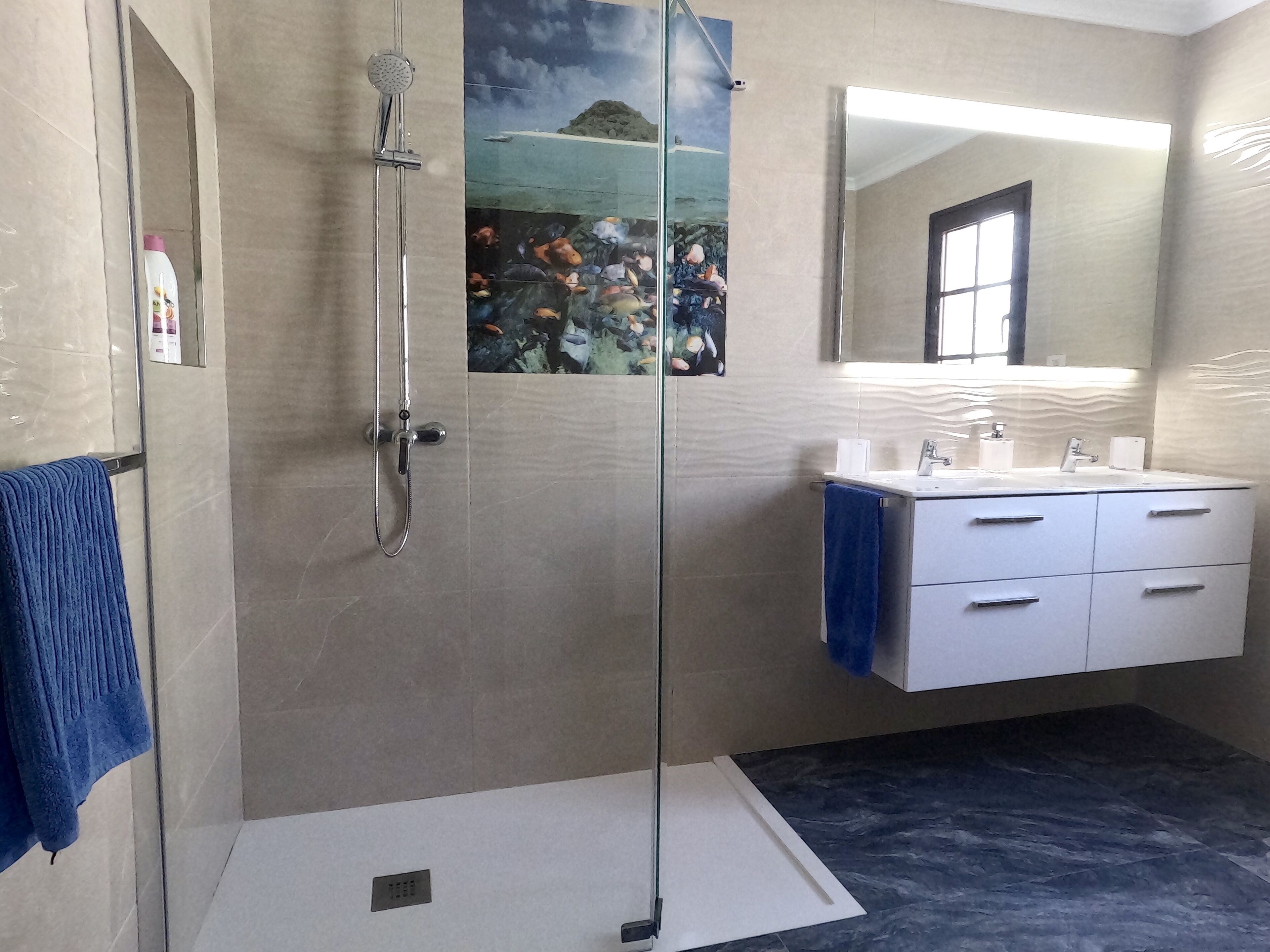 Combined shower/tub, hair dryer, towels, toilet paper