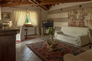 Smart TV, fireplace, table football, books