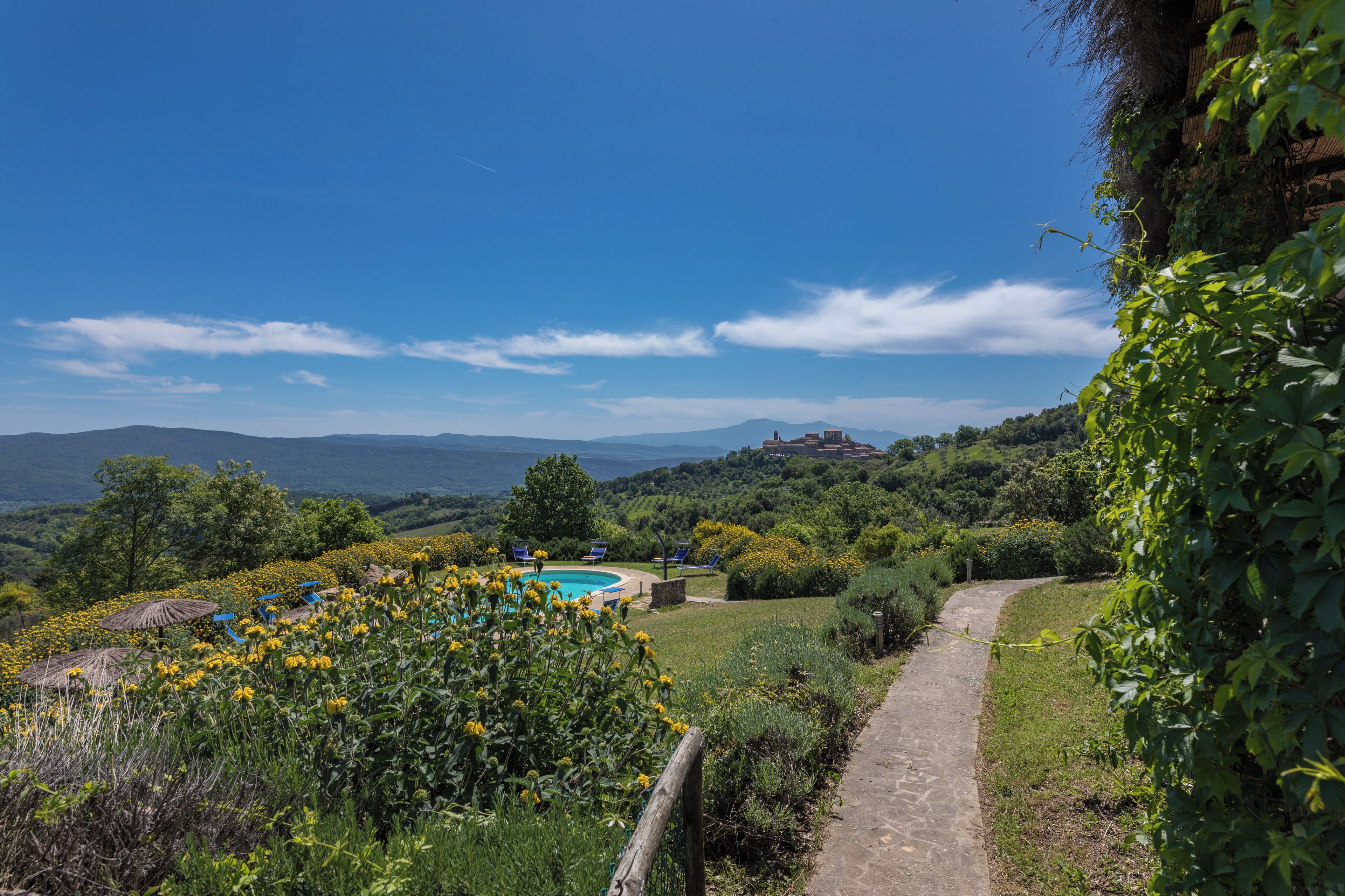 Un espace piscine doté de chaises longues, entouré de verdure et offrant une vue dégagée sur les collines lointaines.