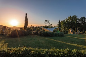A garden with a clear sky, a tall tree, and a triangular shade structure. - Woodland Cottage (A3) with pool - Le Caldanelle (Civitello Paganico, Grosseto)