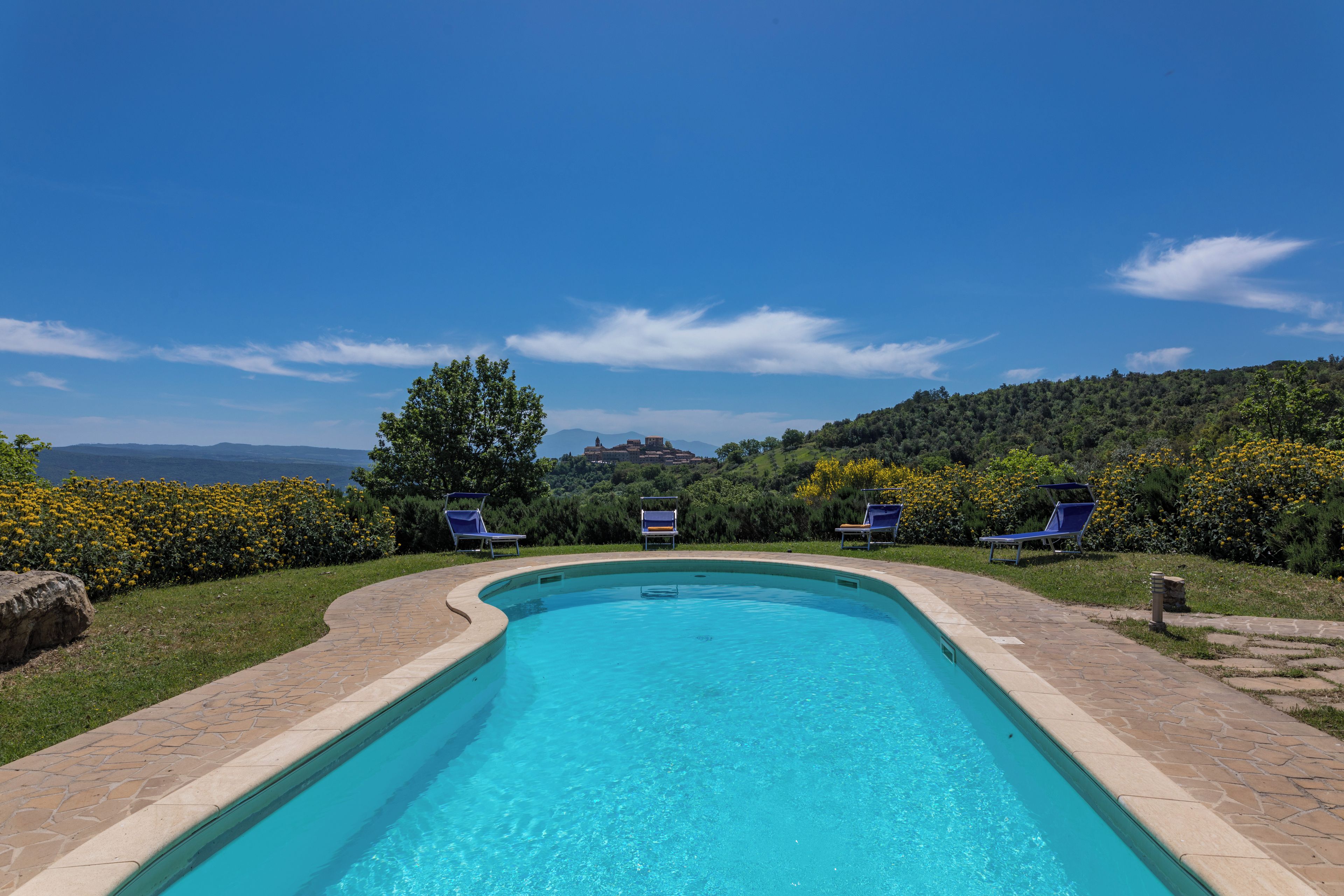 A swimming pool with a curved edge, surrounded by a stone deck, and three lounge chairs.
