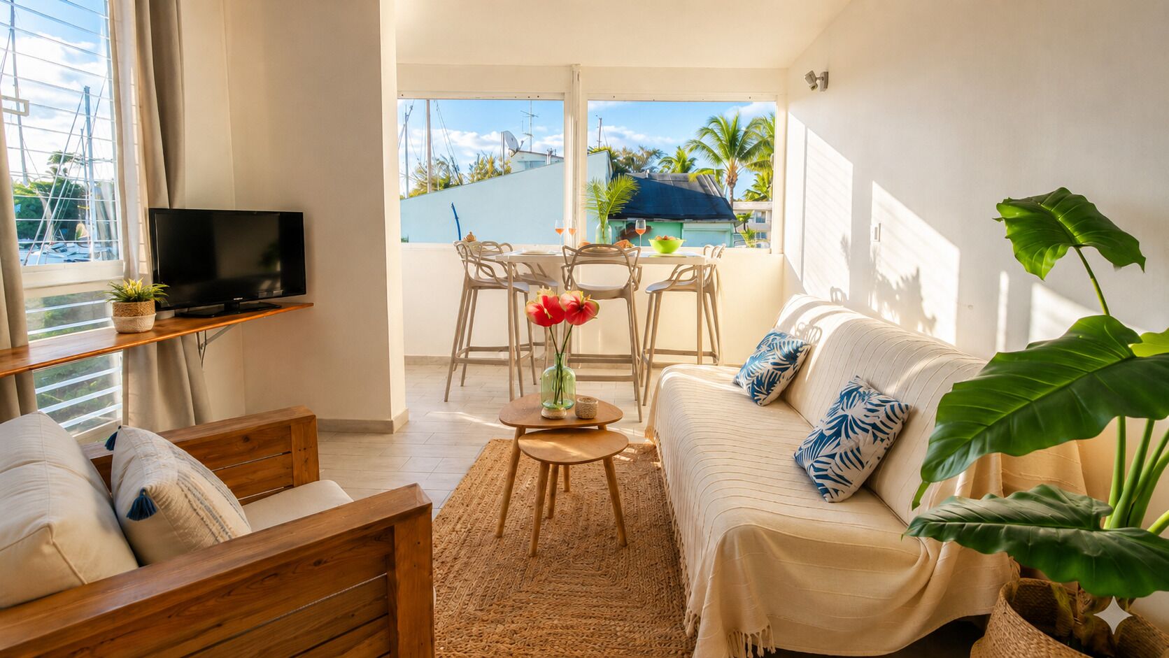 Ein gemütliches Wohnzimmer mit einer Couch, Holzmöbeln, einem Fernseher und einem Essbereich mit Stühlen und einem Tisch.