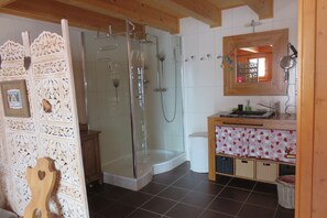 Combined shower/tub, hair dryer, towels