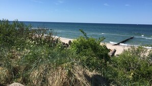 Een strand met helderblauw water, een zandstrand en begroeiing op de voorgrond.