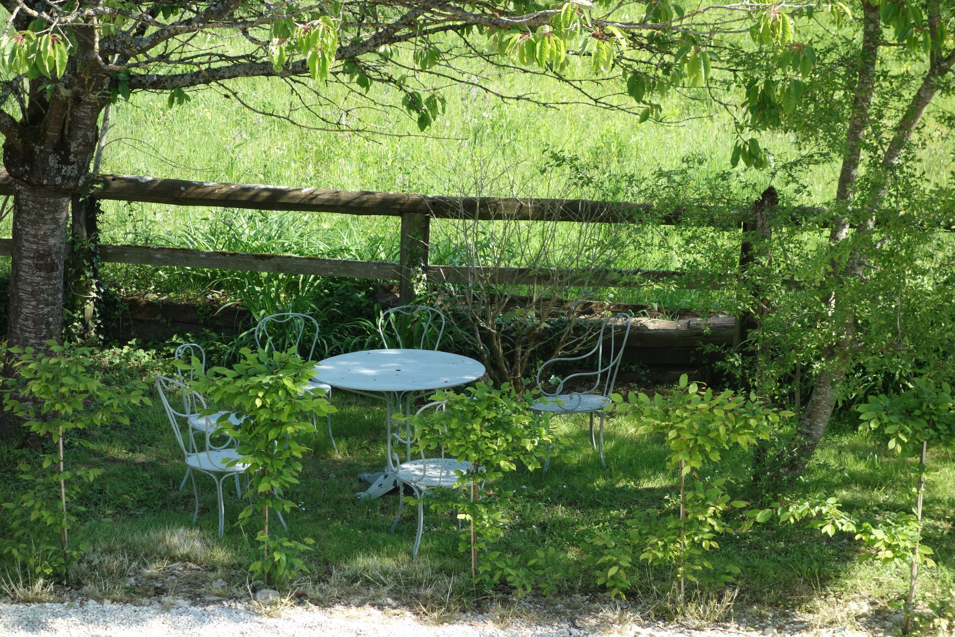 A rustic outdoor seating area with metal tables and chairs, surrounded by greenery and a wooden fence.