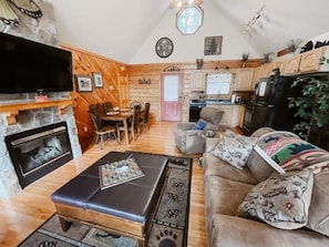 TV, fireplace, DVD player, books